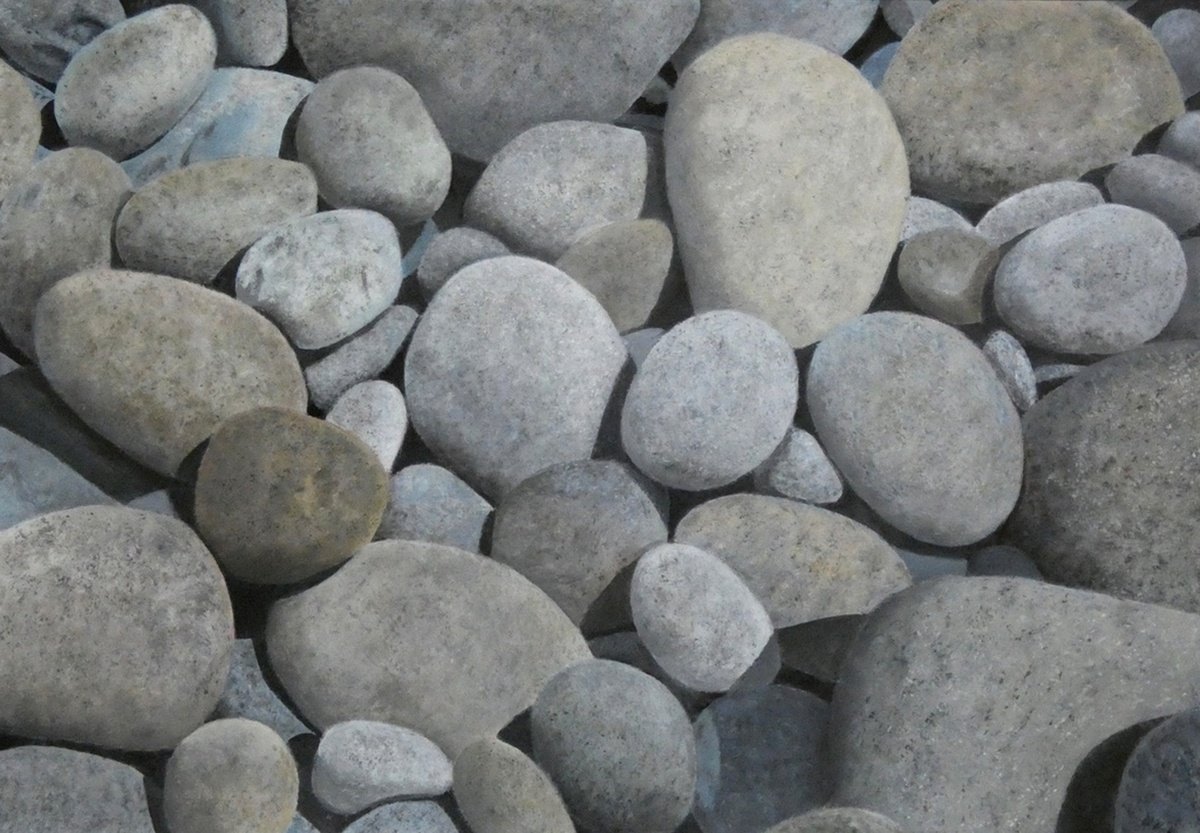 Landscape Acrylic Painting By Tim Treagust, 17 X 12", Porthnanven Beach Stones, Original Artwork