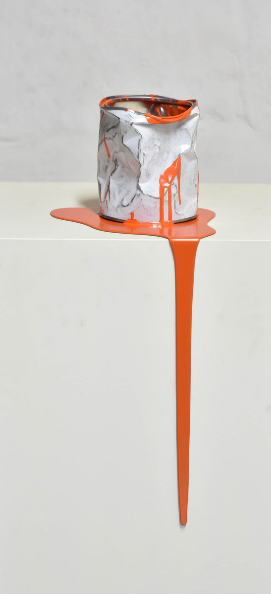 Urban And Pop Still Life Sculpture By Yannick Bouillault, 7 X 18", Le Vieux Pot De Peinture Orange, Original Artwork
