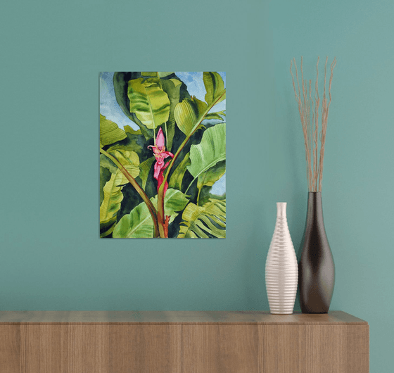 Banana blossom and palms - original tropical watercolor