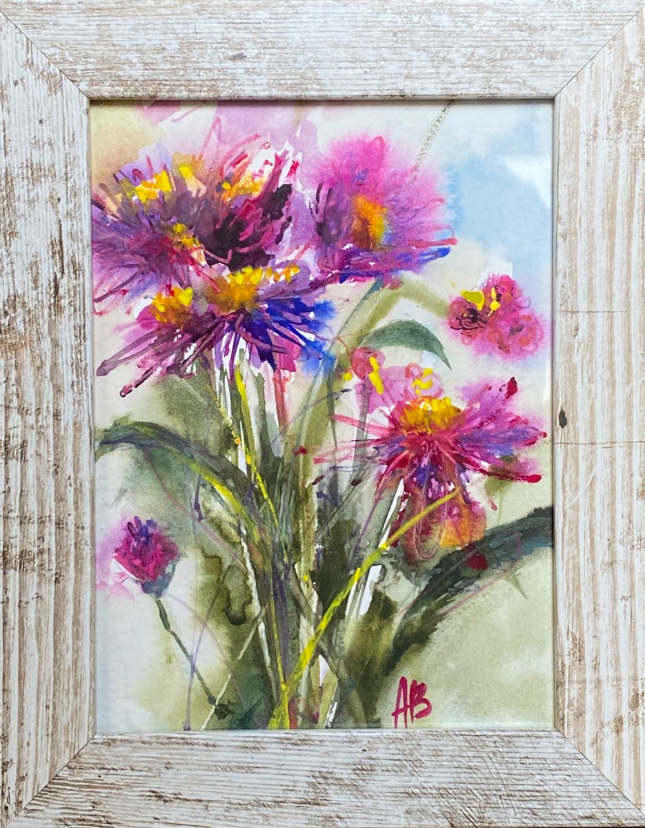 Chrysanthemum 1 - watercolor sketch in frame by Anna Boginskaia