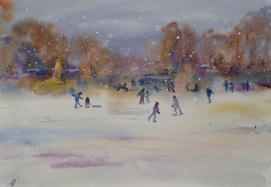 In the evening at the skating rink.