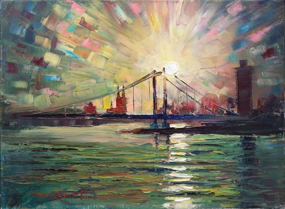 'SUNSET OVER COLOGNE, GERMANY' - Cityscape Sunset Oil Painting on Canvas