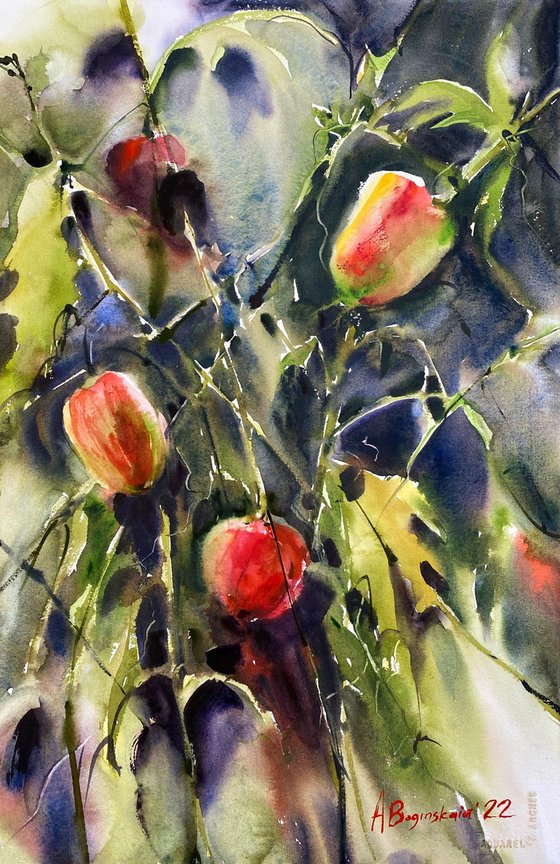 Red peppers - original floral watercolor