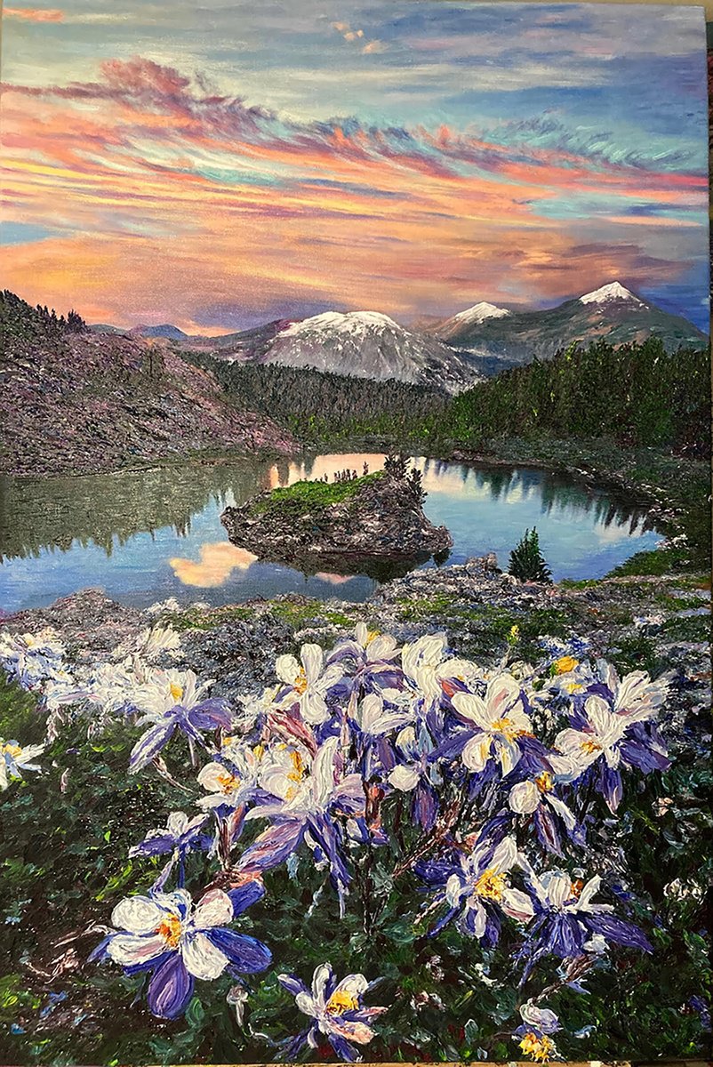 Impressionistic Landscape Oil Painting By Kenneth Halvorsen, 32 X 48", Columbines, Original Artwork