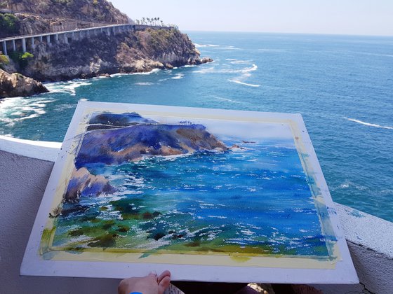Watercolor seascape. Pacific Ocean. Surf in Acapulco. Mexico