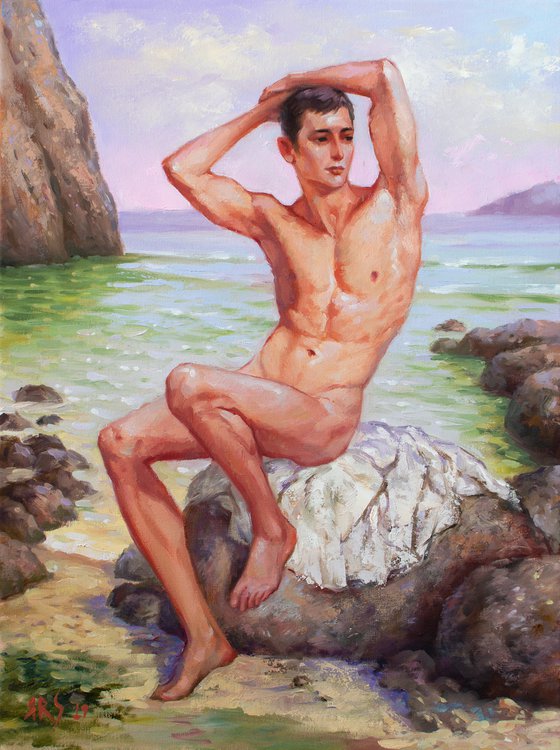 ITALIAN BOY by the SEA - Timeless Beauty and Seaside Serenity: Oil Painting on Canvas of a Stunning Italian Young Man Resting on Shoreline