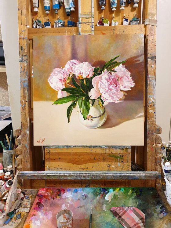 "Evening peonies." still life peony old vase summer  liGHt original painting  GIFT (2020)