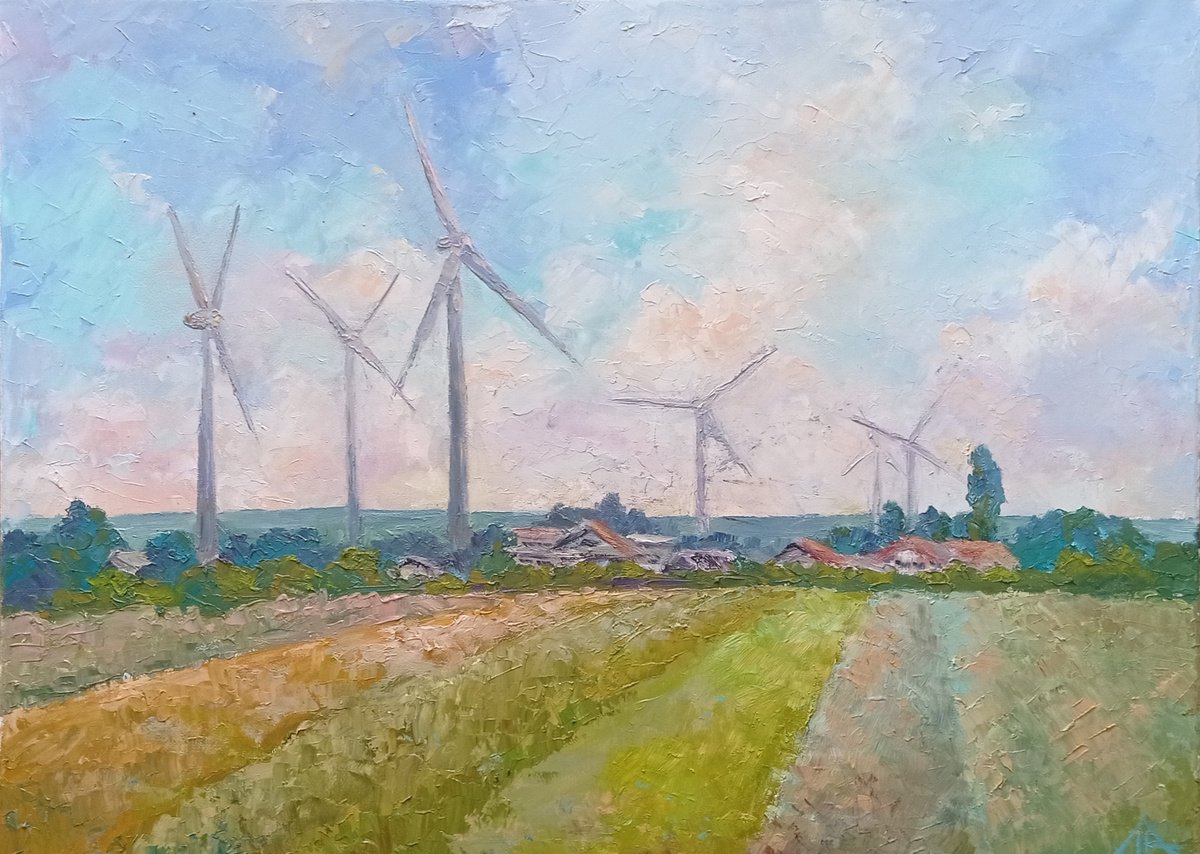 Impressionistic Landscape Oil Painting By Liubov Ponomarova, 24 X 18", Windmills, Original Artwork