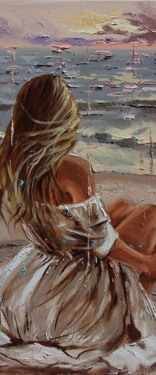 " NICE PLACES ... "- SKY SEA SAND liGHt  ORIGINAL OIL PAINTING, GIFT, PALETTE KNIFE by Monika Luniak