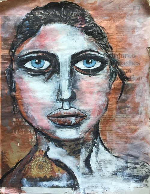 Tear Drop Face on Newspaper Woman Face Art Portraiture Beautiful Girl 37x29cm Artwork Gift Ideas Original Art Modern Art Contemporary Painting Abstract Art For Sale Free Shipping by Kumi Muttu