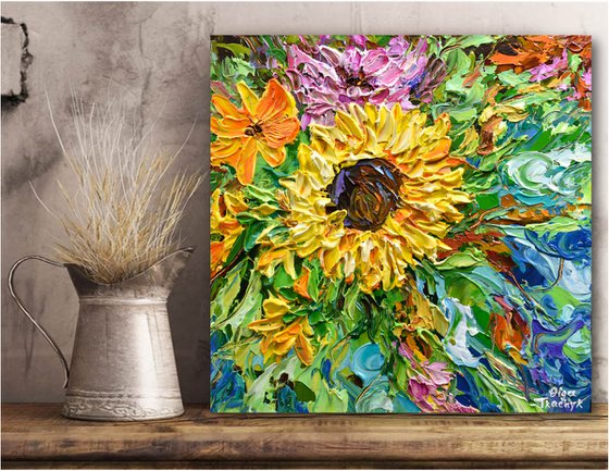 Sunflower in the garden - Original Floral Painting on Canvas, Palette Knife Art, Textured Impasto Artwork