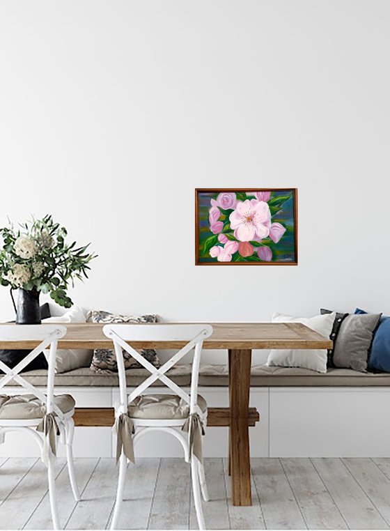 Apple Blossom Art Floral Original Painting Flowering Oil Framed Artwork Home Wall Art 21 by 16 in by Halyna Kirichenko