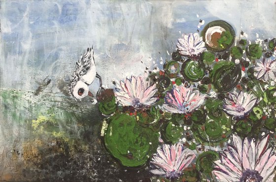 Pond and A Bird Acrylic Painting Birds and Animals Portrait Canvas Painting Ready to Hang Gift Ideas Pink Lotus Cute Birds Abstract Art For Sale Free Delivery