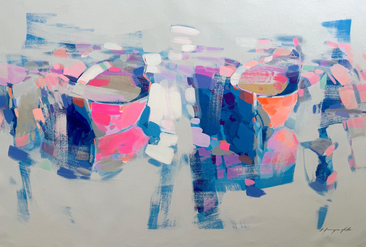 Impressionistic Landscape Oil Painting By Vahe Yeremyan, 43 X 28", Boats, Original Artwork