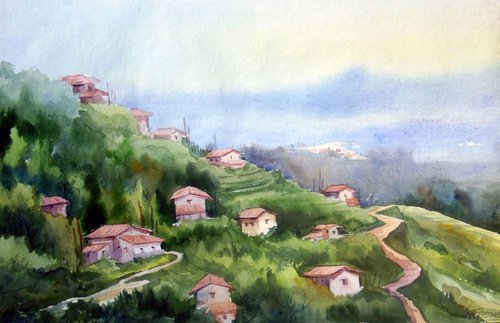 Morning Mountain Village - Watercolor on Paper by Samiran Sarkar