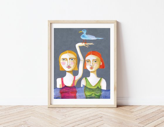 Swimming Ladies with Blue Seagull sea gull water beach humour watercolour woman swimmer