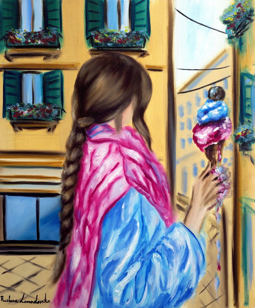Impressionistic Portrait Oil Painting By Ruslana Levandovska, 20 X 24", The Girl With The Gelato, Original Artwork