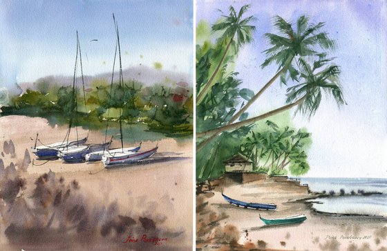 Set of two coastal artworks, origшnal watercolor paintings, beach wall art, decor for living room, business decor, gift for friend