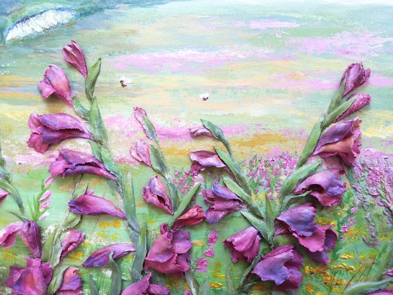 Summer landscape blooming meadow with pink gladioli-three-dimensional flowers in an acrylic painting-wildflowers, river, forest, swallows-60x40x2 cm