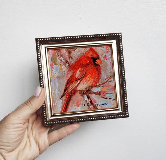 Cardinal red bird oil painting original 4x4 framed artwork, Bird small frame art wall decor hanging mini oil painting, Cute little painting