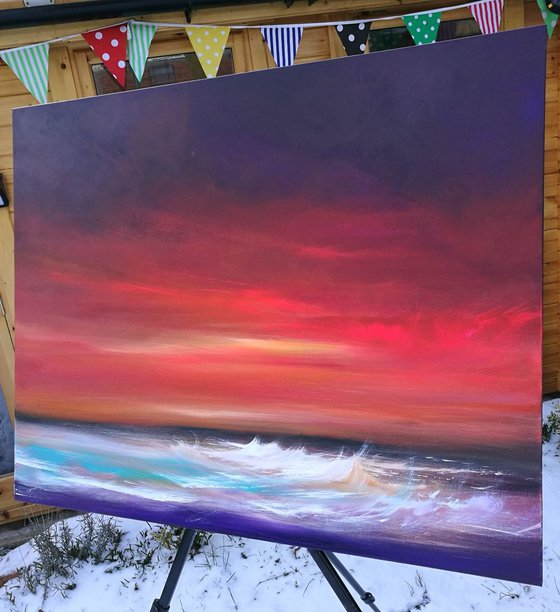 Day's End - Sunset, Seascape, Red, Skies - XL, Modern Art Office Decor Home