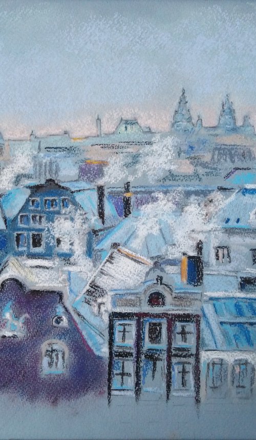 Flight over winter Amsterdam - landscape with snow-capped city roofs by Liubov Samoilova
