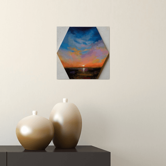 Sunset!  Ready to hang! Painting on hexagon canvas