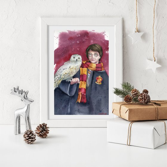 Harry Potter with the owl Hedwig. Hogwarts. Original watercolor artwork.