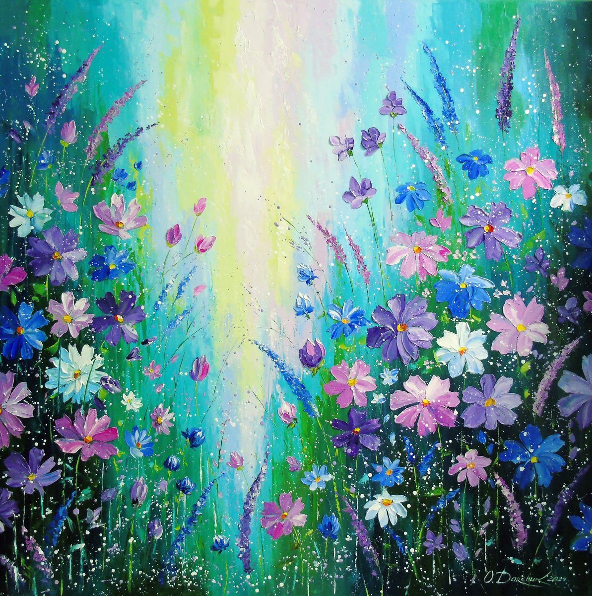 Impressionistic Botanical Oil Painting By Olha Darchuk, 39 X 39", Dance Of The Morning Flowers, Original Artwork