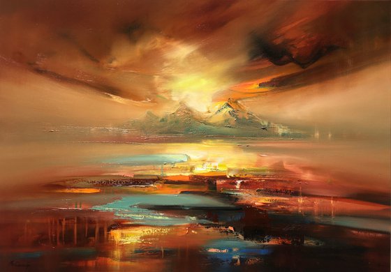 The Promise of a New Day - 70 x 100 cm abstract landscape oil painting in brown and yellow