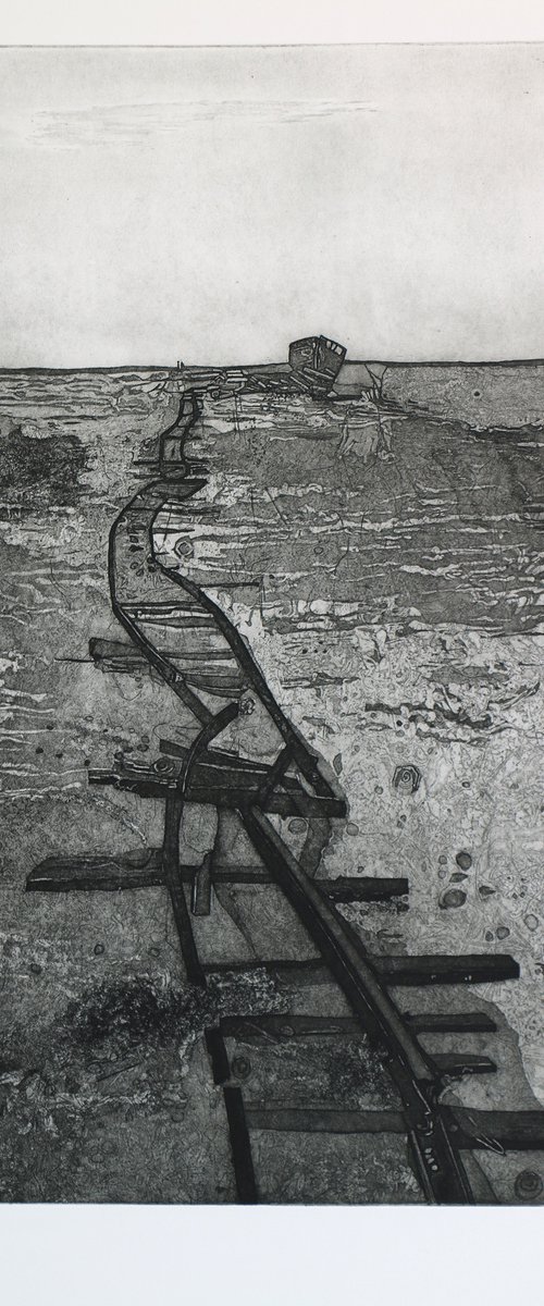 Heike Roesel "Broken Tracks", (charcoal), etching, edition of 7 in variation by Heike Roesel