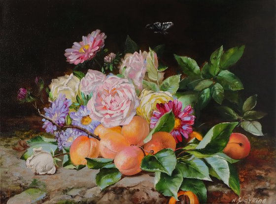 Roses, Asters and Apricots. Still life floral