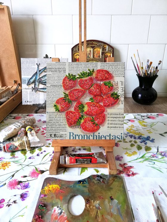 "Strawberries on Newspaper Original Oil on Canvas Board Painting 8 by 8 inches (20x20 cm)