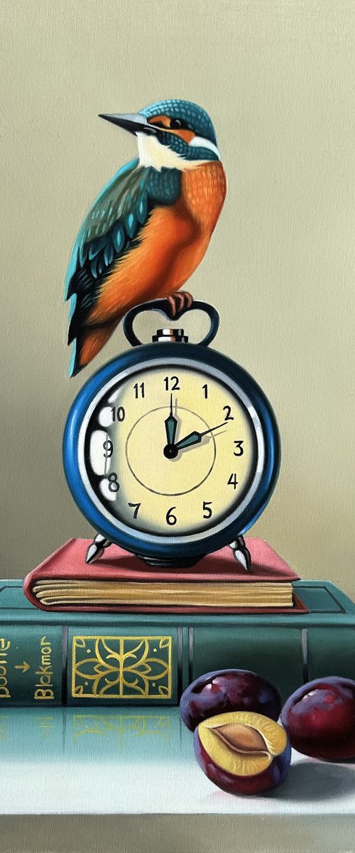 Still life with bird, clock and books by Ara Gasparian