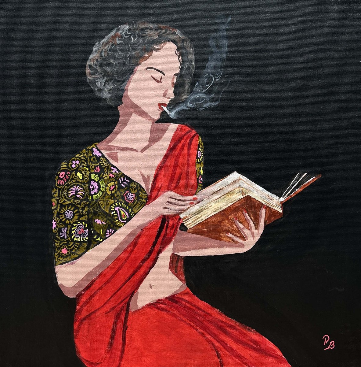 Original POP Art - Scarlet Red Saree and a book Pop Art Indian painting, Modern Asian pain... by Parul Baliyan