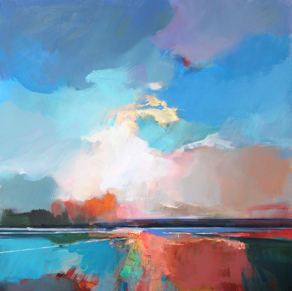 Abstract Landscape Acrylic Painting By Magdalena Morey, 31 X 31", Watching The Quiet Shore 3, Original Artwork