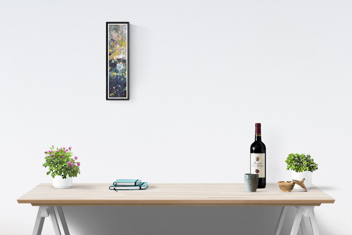 Abstract Landscape Oil Painting By Saroja Van Der Stegen, 5 X 16", Blue Forest Iii (Ref#:502-H), Original Artwork