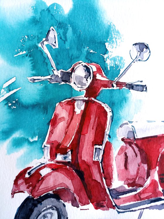 Watercolor sketch "Bright red retro moped on a turquoise background" original illustration
