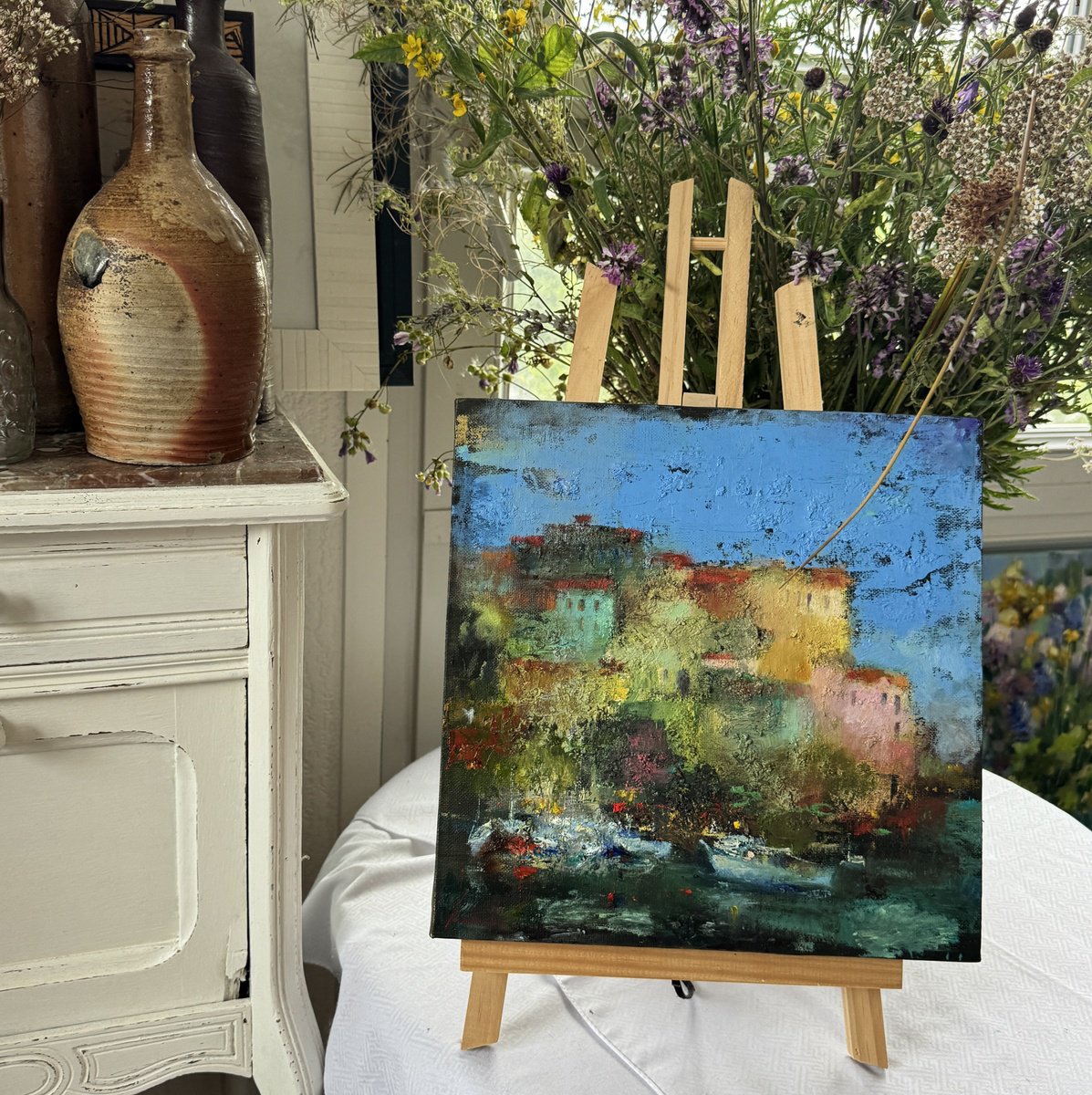 Abstract Cityscapes Oil Painting By Olha Laptieva, 11 X 11", Fairytale Vacation, Original Artwork