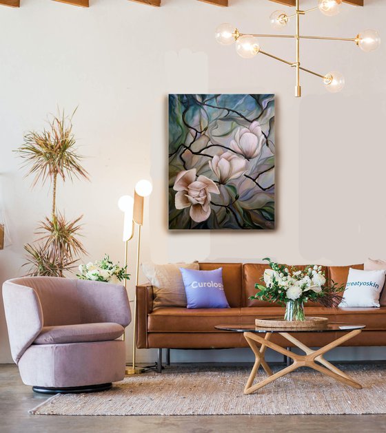 Harmony Magnolia, oil painting, original gift, home decor, Flowering, Spring, Leaves, Living Room, leaves, many flowers, flower picture, petals,  delicate flowers, Painting with magnolias, white magnolia flowers, blooming magnolia, painting with white flowers