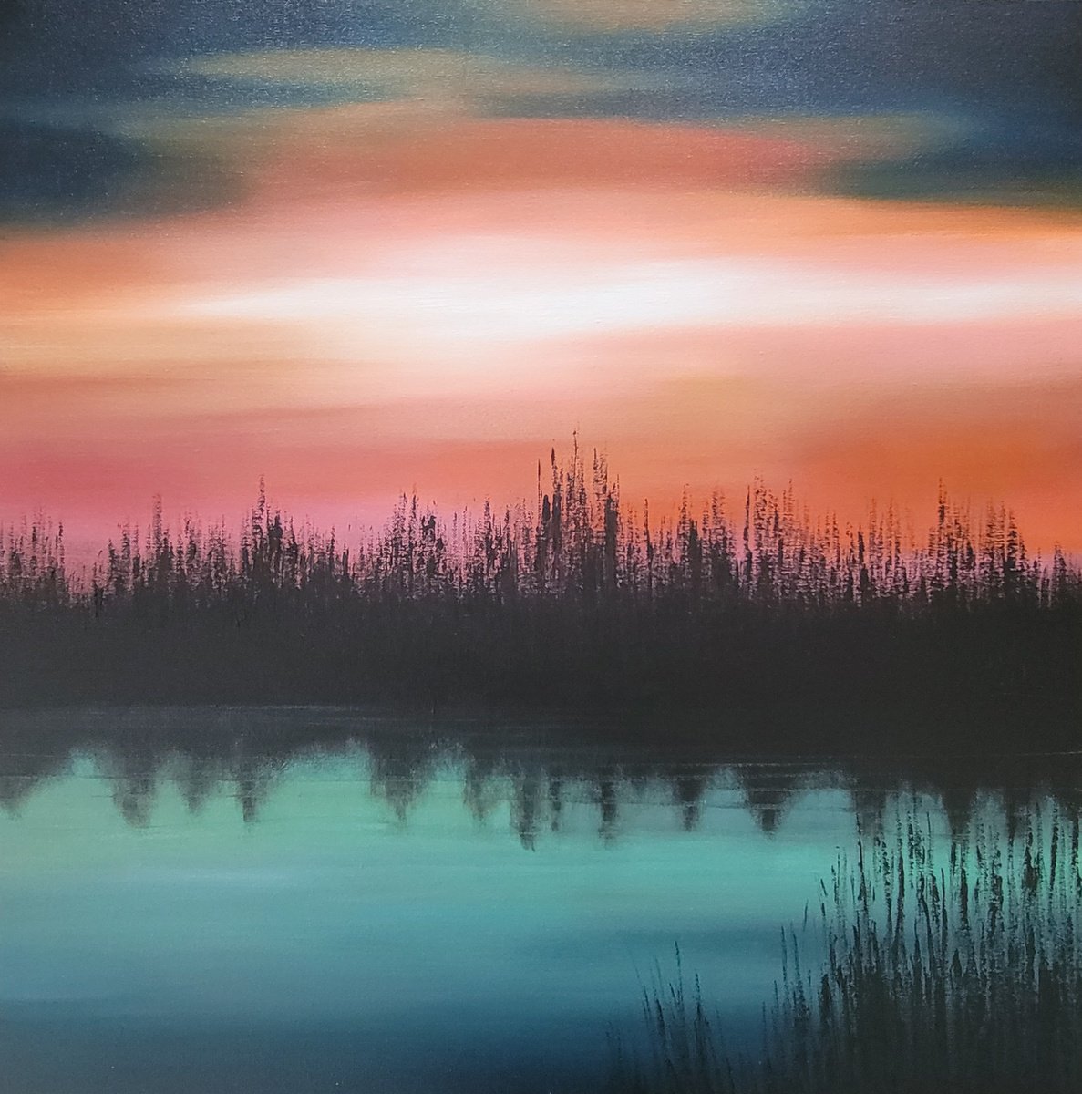 Impressionistic Landscape Painting By Faith Patterson, 30 X 30, Silence At Waters Edge, Original Artwork