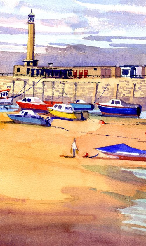 Margate Harbour and Jetty. Incoming Tide. Boats, Beach and Sea by Peter Day