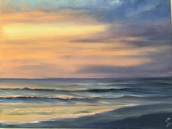 Seascape in Amber, sunrise painting