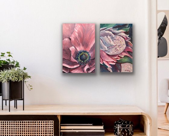 115 Set of 2 Flower oil artworks, Pink flower, Pink Gallery wall art, Original oil art on canvas, Floral Wall Decor