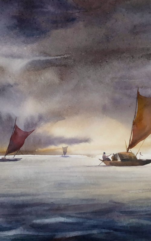 Stormy River & Boats by Samiran Sarkar
