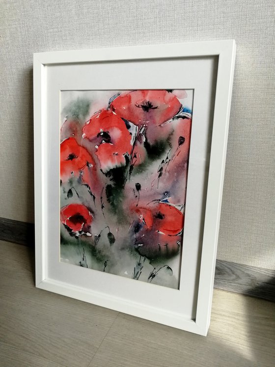 Red poppy painting. Wildflowers