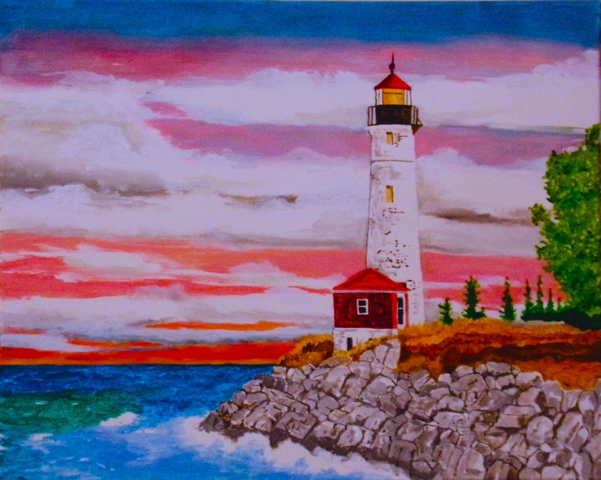 Impressionistic Landscape Acrylic Painting By Andrew Sabori, 20 X 16, Lighthouse On The Rocks, Original Artwork