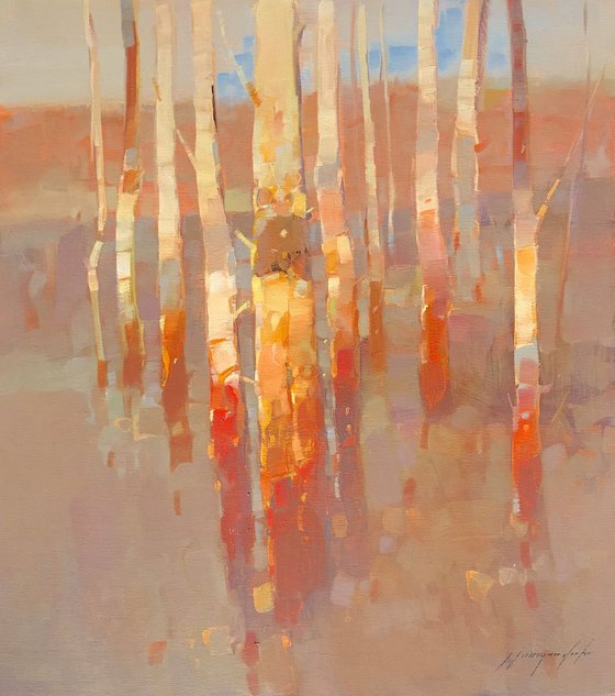 Birches - Sunrise, Original oil painting, One of a kind Signed