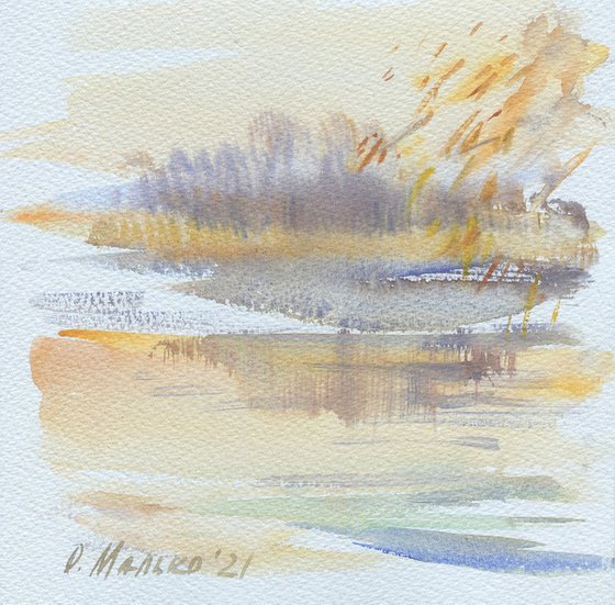 Autumn pond. Plein air sketch / Landscape painting Outdoor watercolor Square picture Original art work