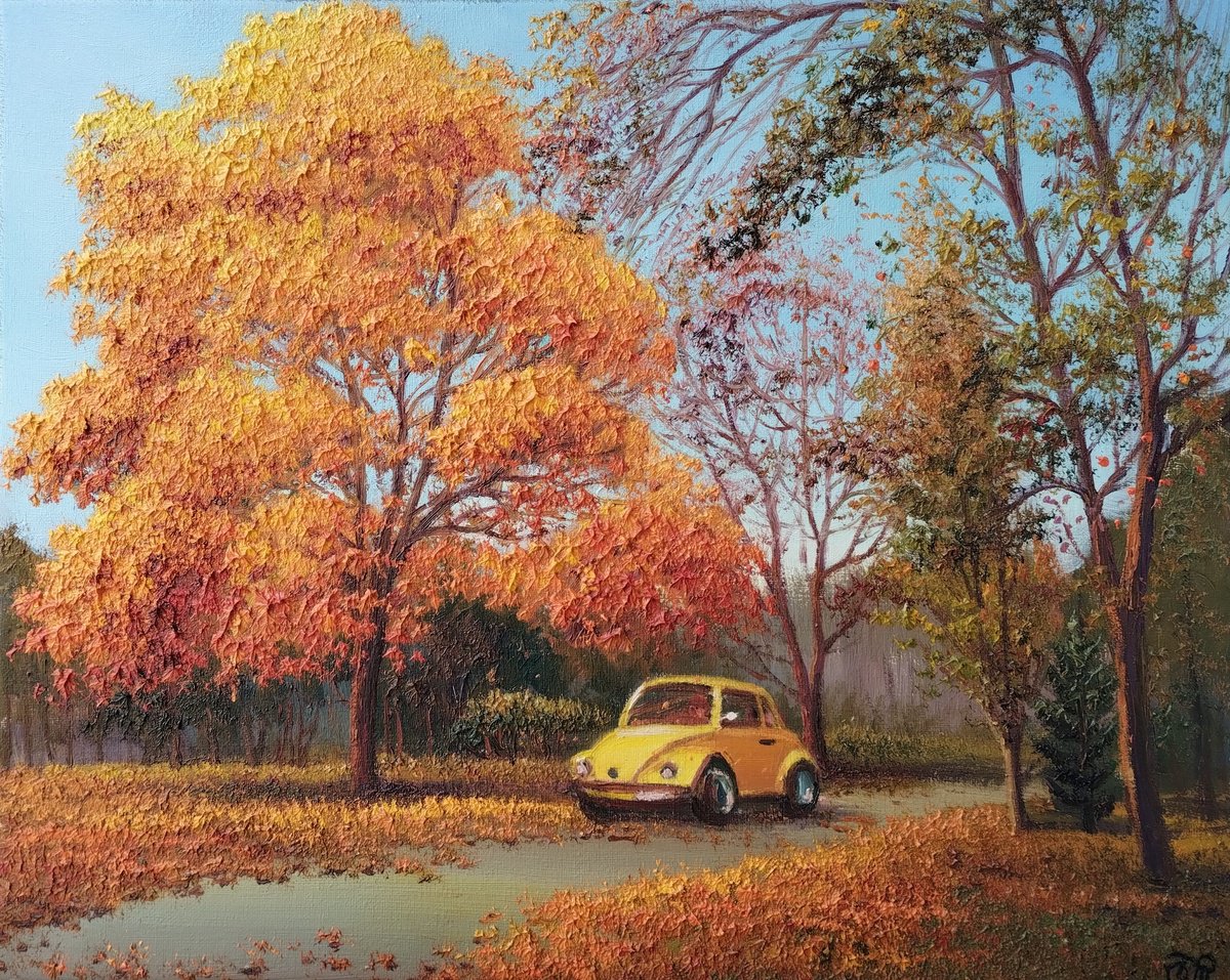 Impressionistic Landscape Oil Painting By Dmitrij Tikhov, 20 X 16, Journey Into Golden Autumn, Original Artwork